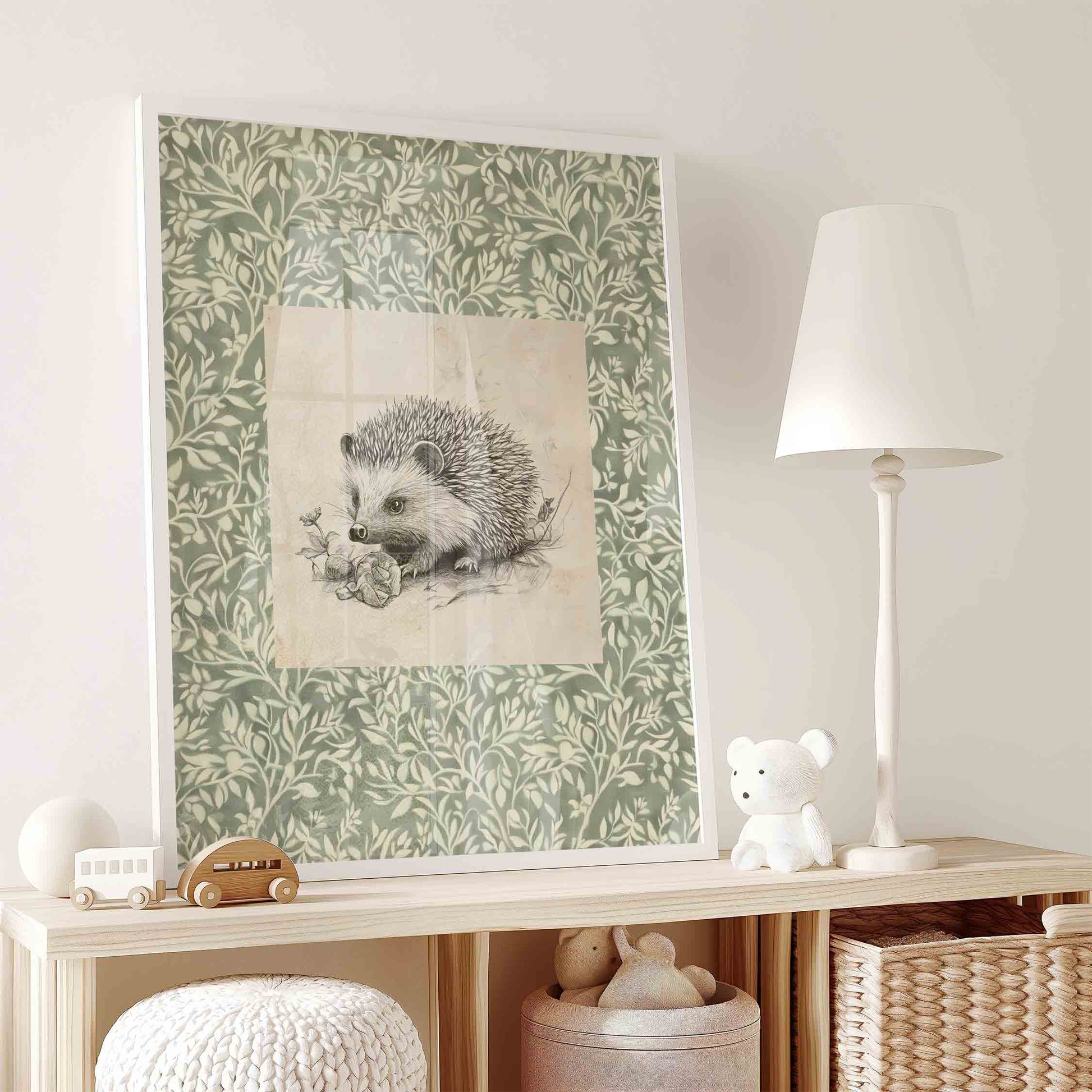 Watercolor hedgehog on floral background styled on a dresser for a nursery room