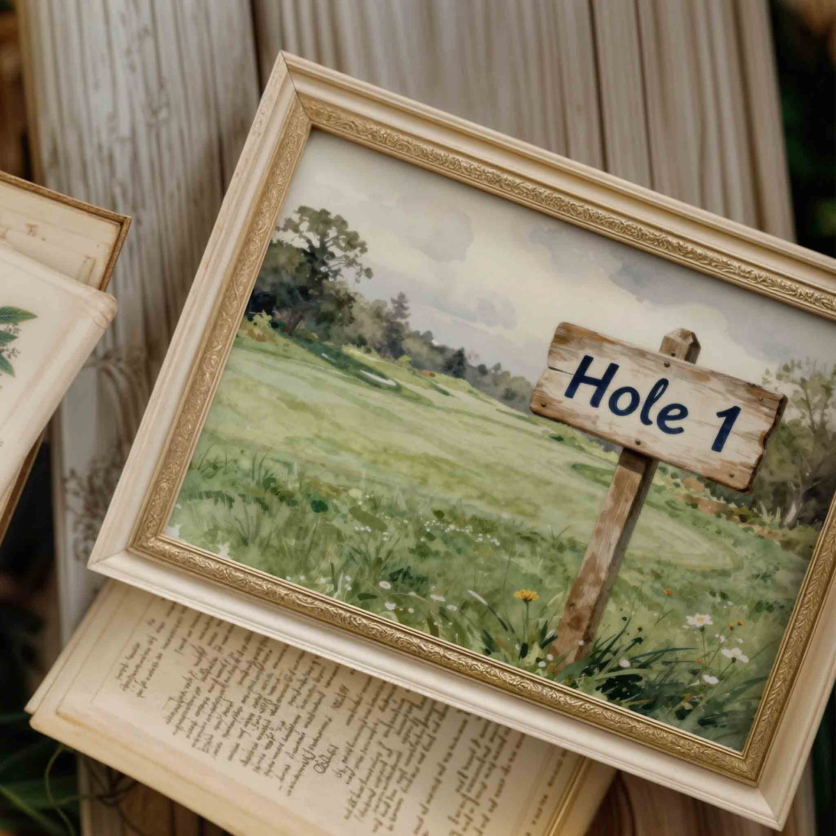 Watercolor hole 1 golf course landscape sign print for a vintage boys nursery room
