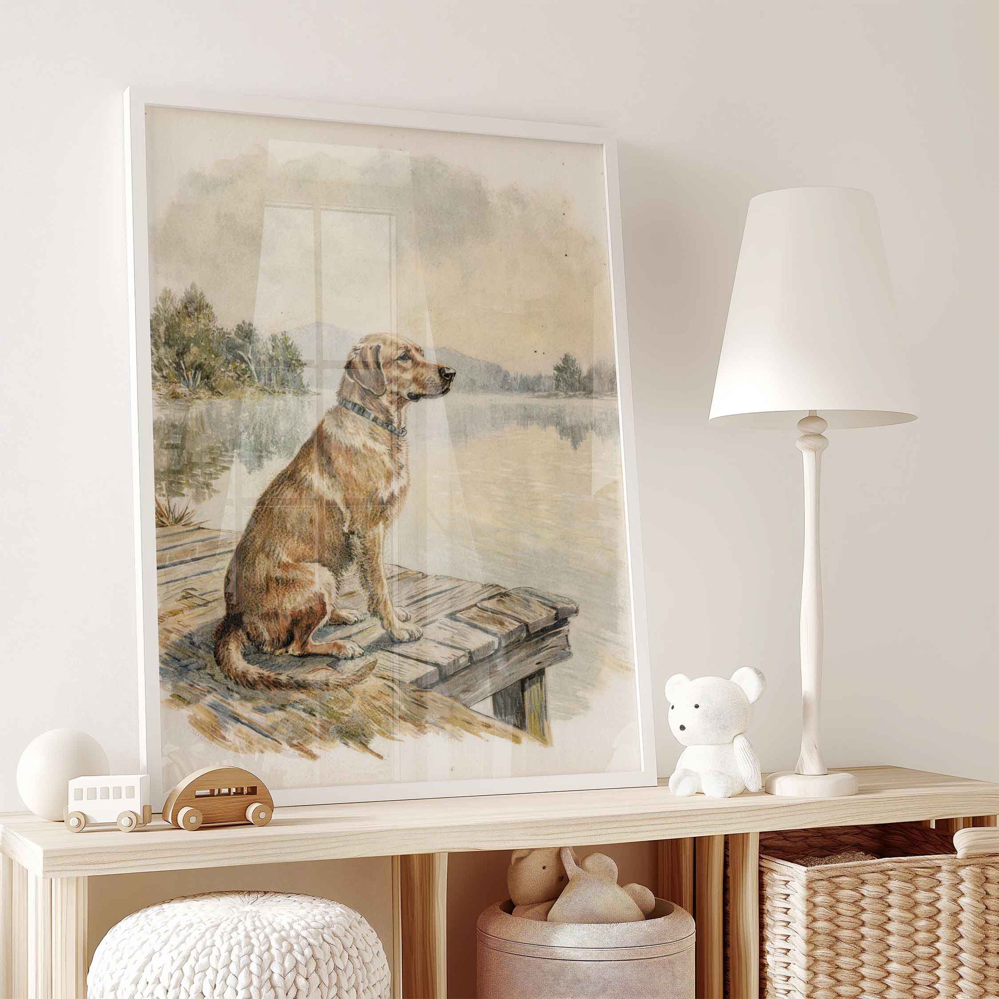 Watercolor hunting dog by the lake print styled for a rustic boys nursery room