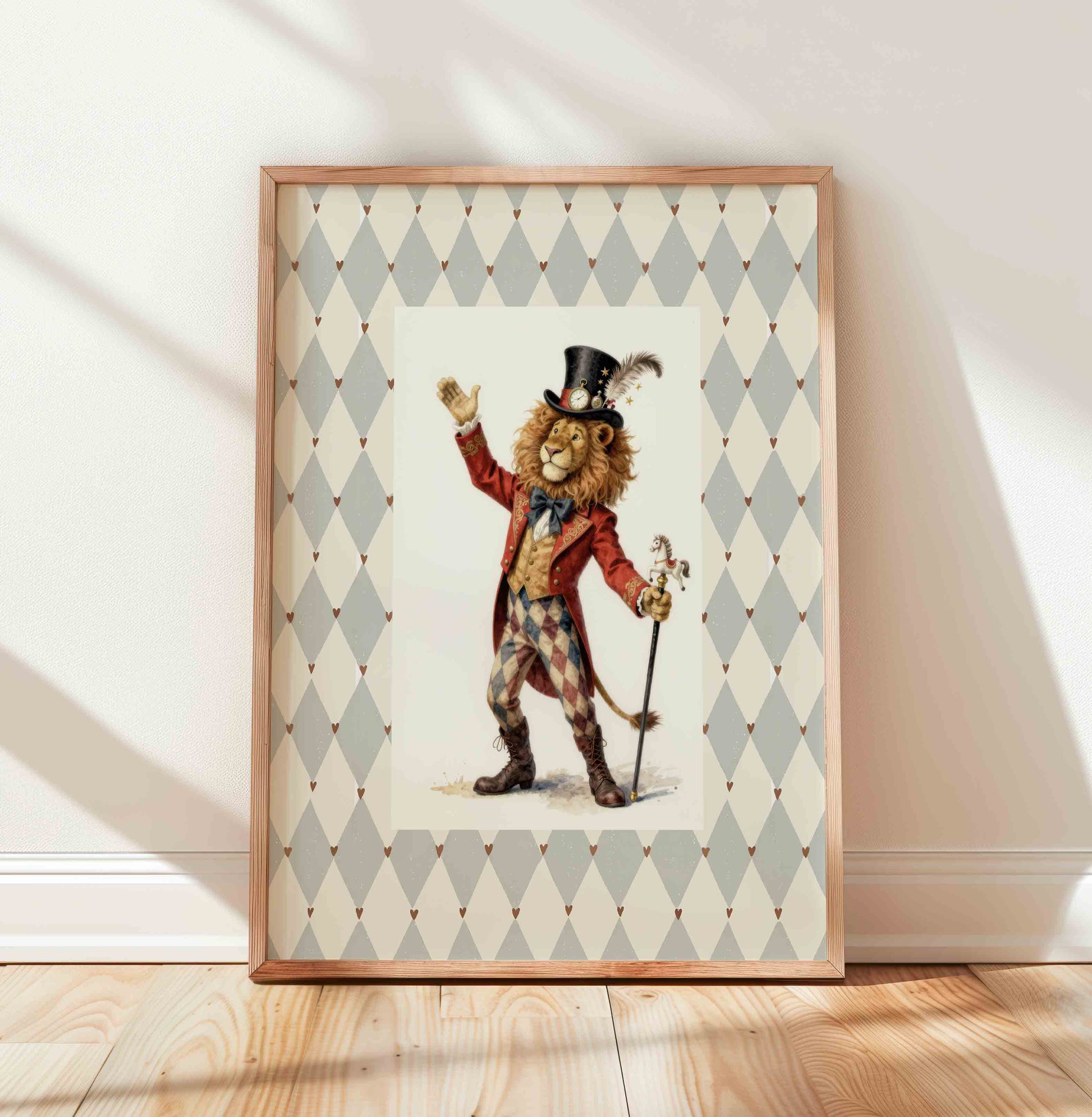 Watercolor lion ringmaster print on harlequin background for a circus nursery room