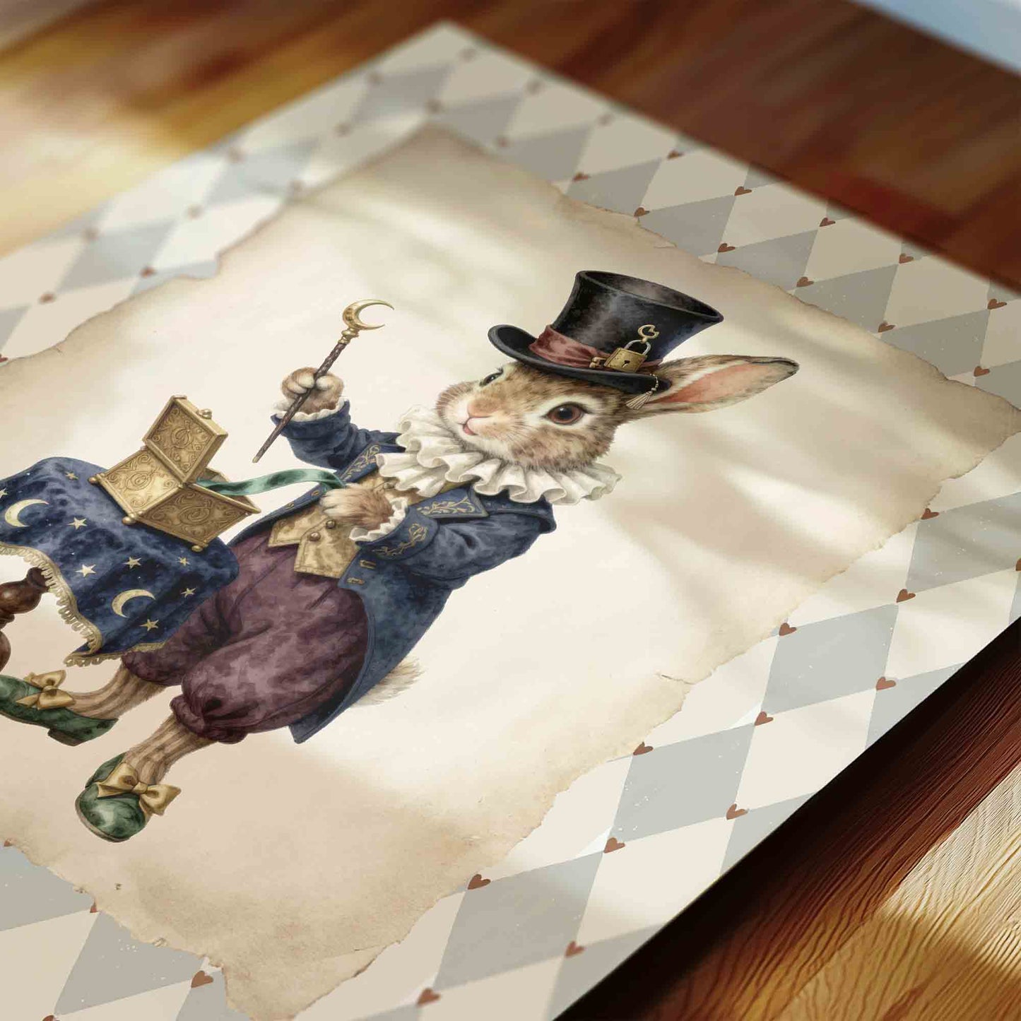 Watercolor magician bunny print on harlequin diamonds styled for a circus nursery room