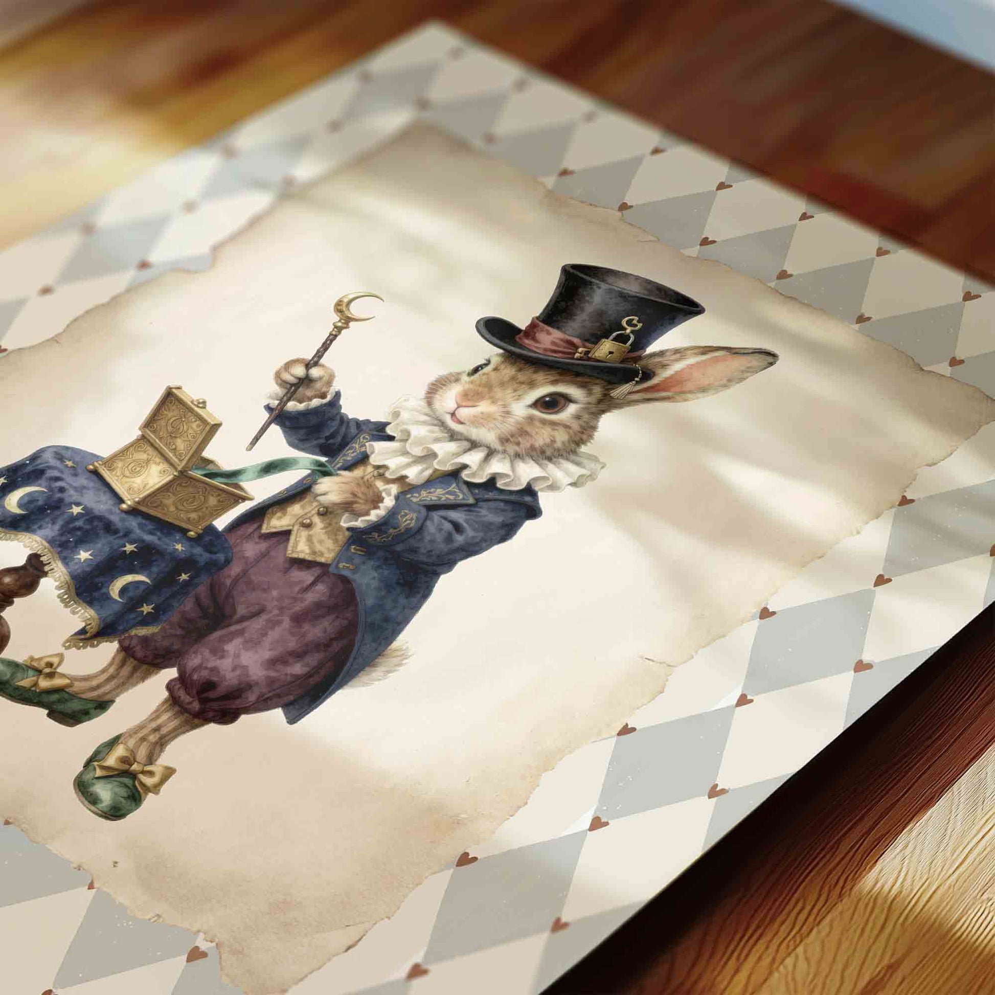 Watercolor magician bunny print on harlequin diamonds styled for a circus nursery room