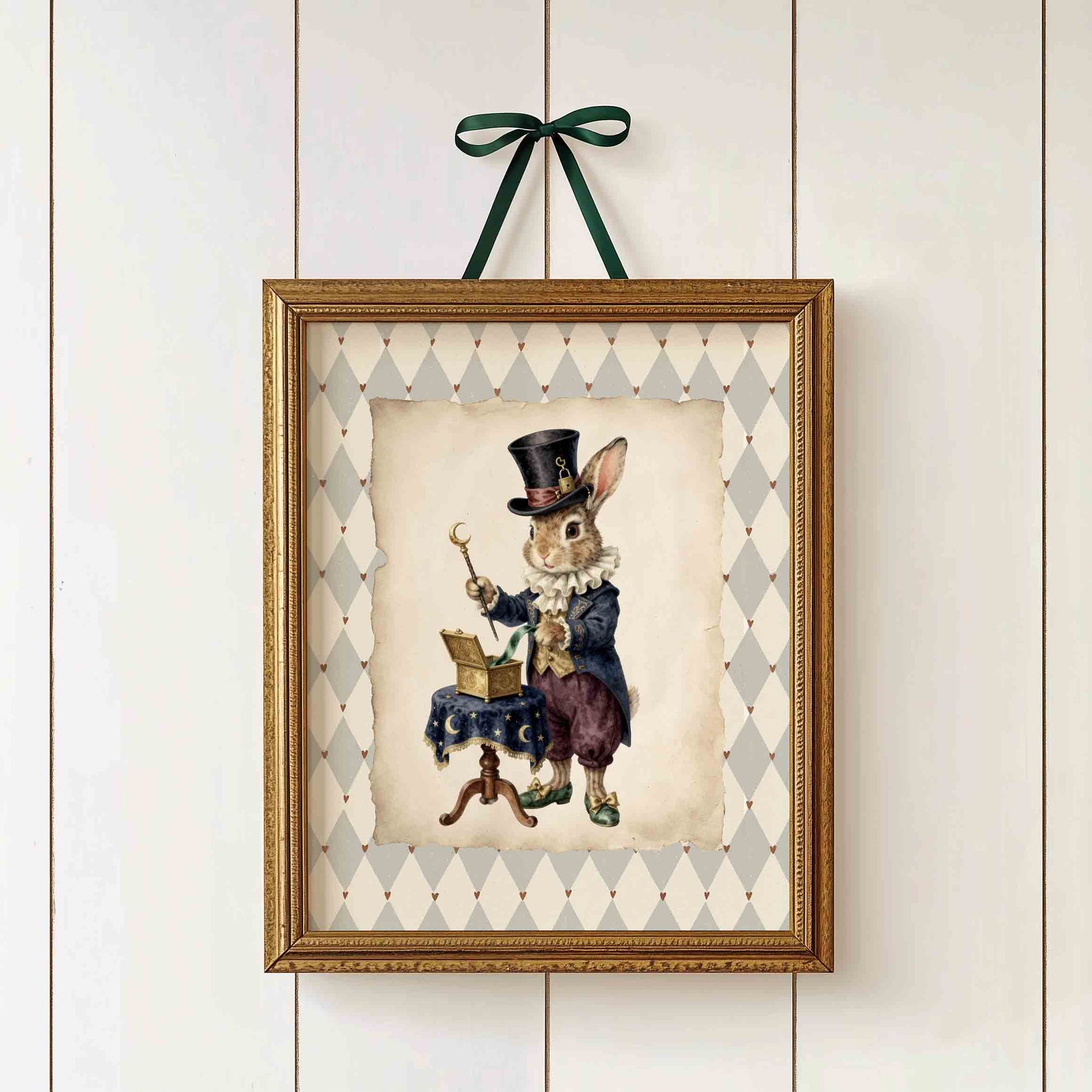 Watercolor magician bunny print on plaid styled for a vintage circus nursery room