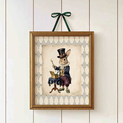Watercolor magician bunny print on plaid styled for a vintage circus nursery room