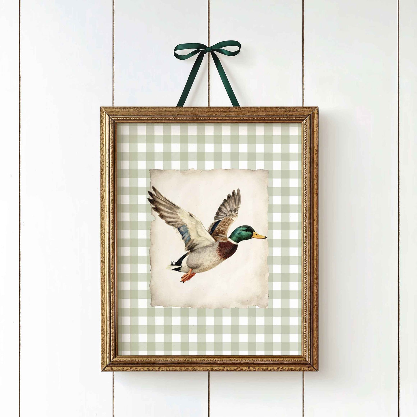 Watercolor mallard duck print on gingham styled for a rustic boys nursery room