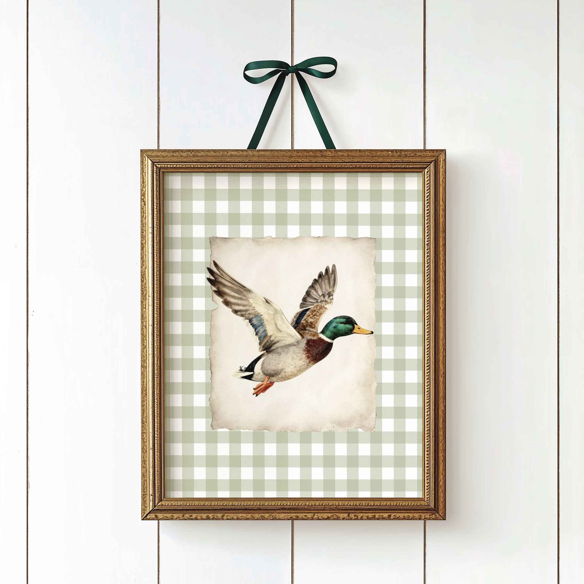 Watercolor mallard duck print on gingham styled for a rustic boys nursery room