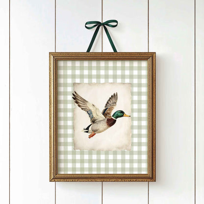 Watercolor mallard duck print on gingham styled for a rustic boys nursery room