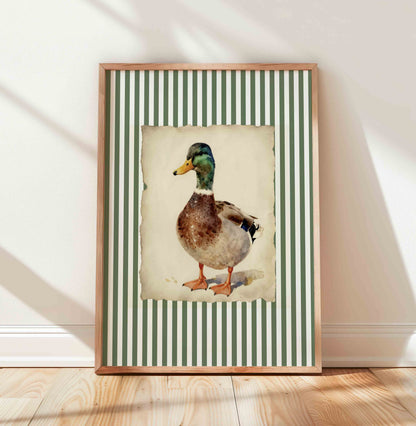 Watercolor mallard duck print on green stripes for a vintage hunting lodge nursery room