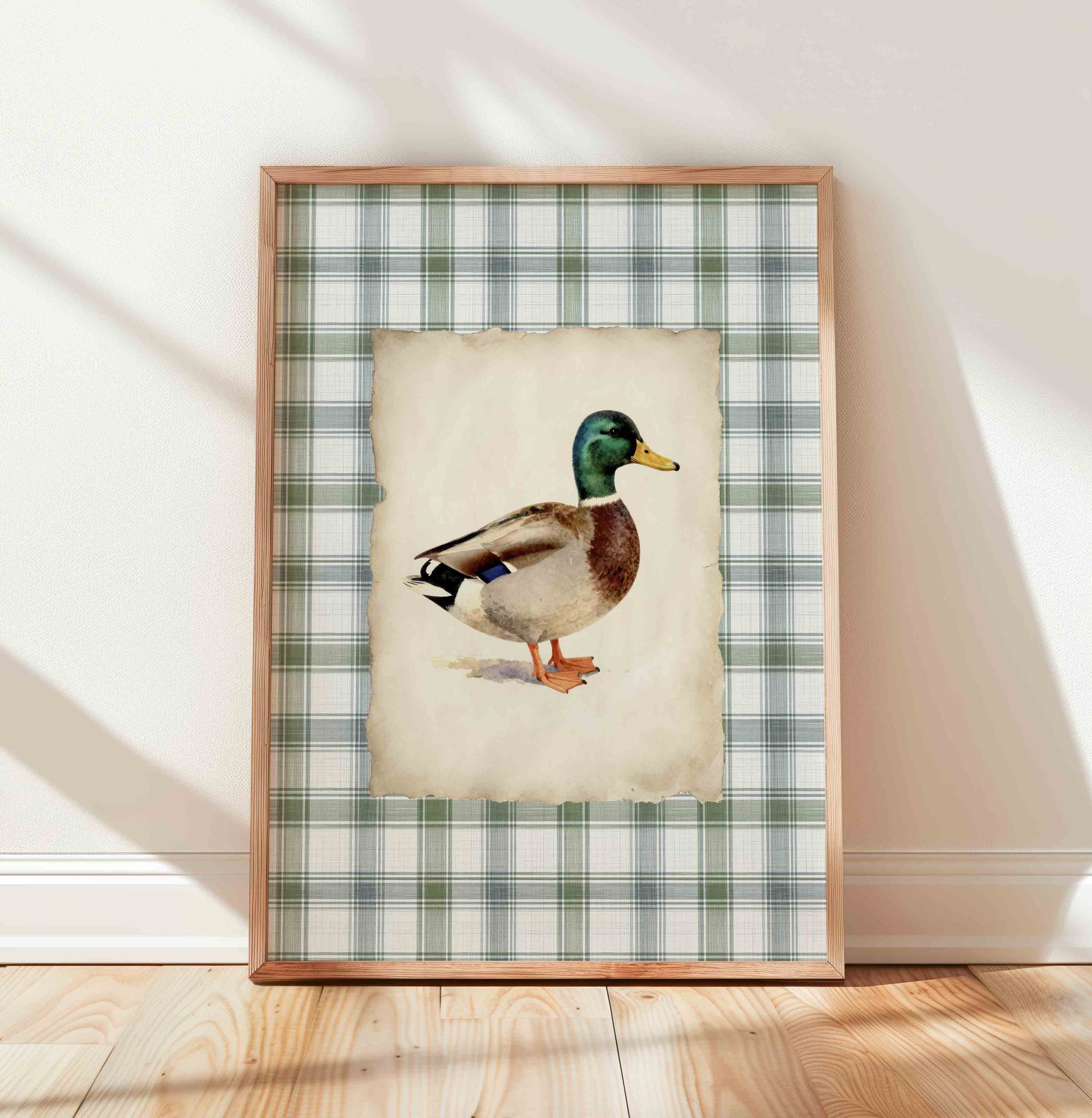 Watercolor mallard duck print on plaid styled for a botanical nursery room