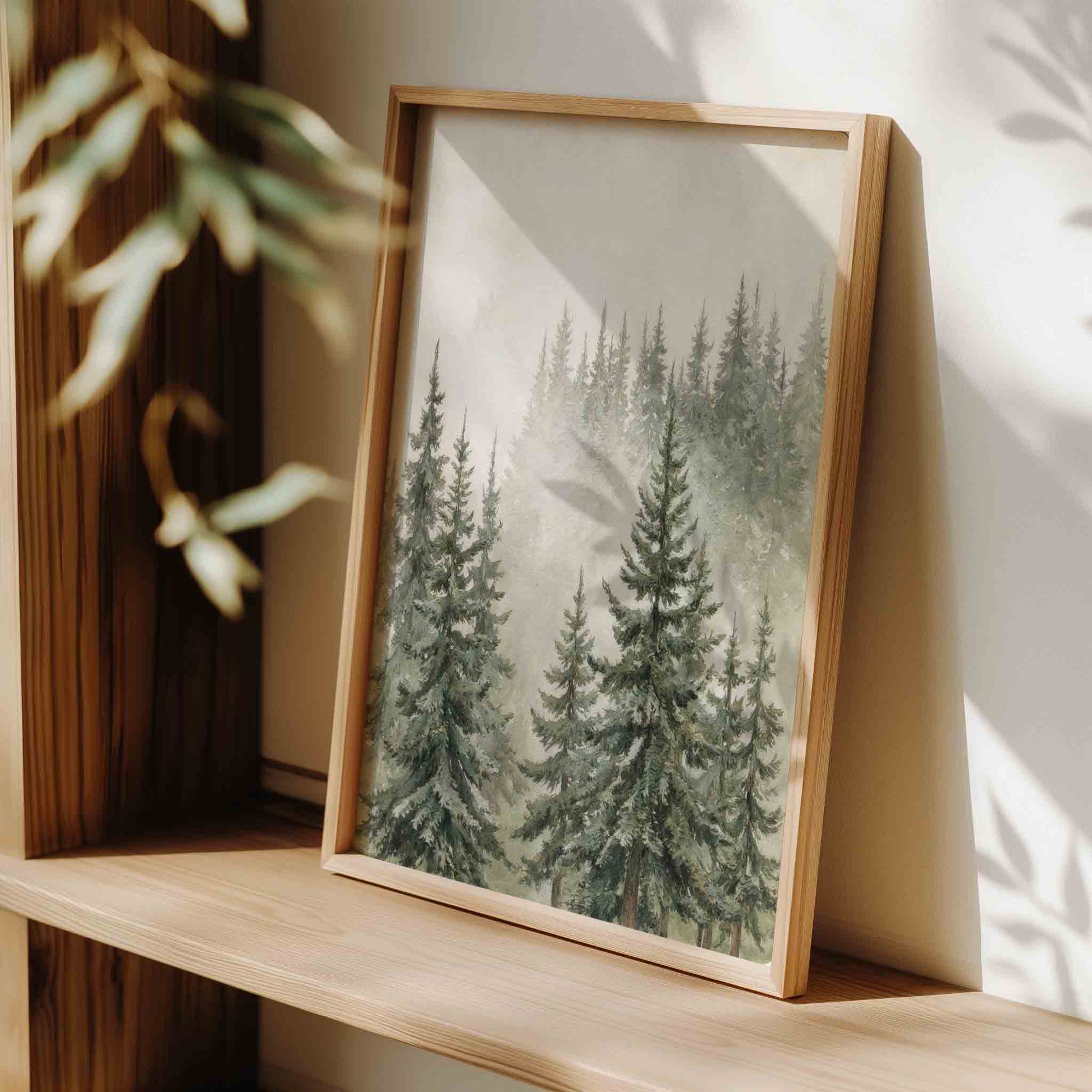 Watercolor misty pine forest print for a rustic woodland boys nursery room