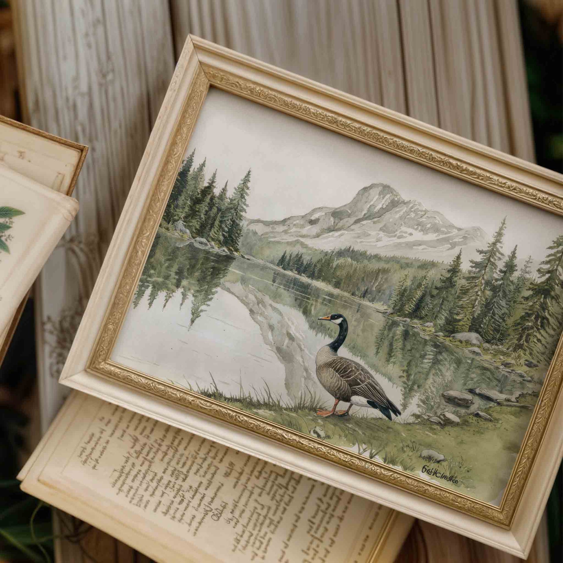 Watercolor mountain forest landscape with duck print styled for a nature nursery room