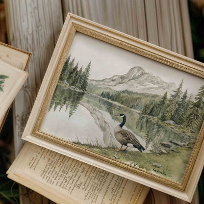 Watercolor mountain forest landscape with duck print styled for a nature nursery room
