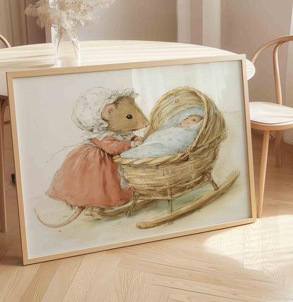 Vintage watercolor mouse rocking a cradle print for a sweet storybook nursery room