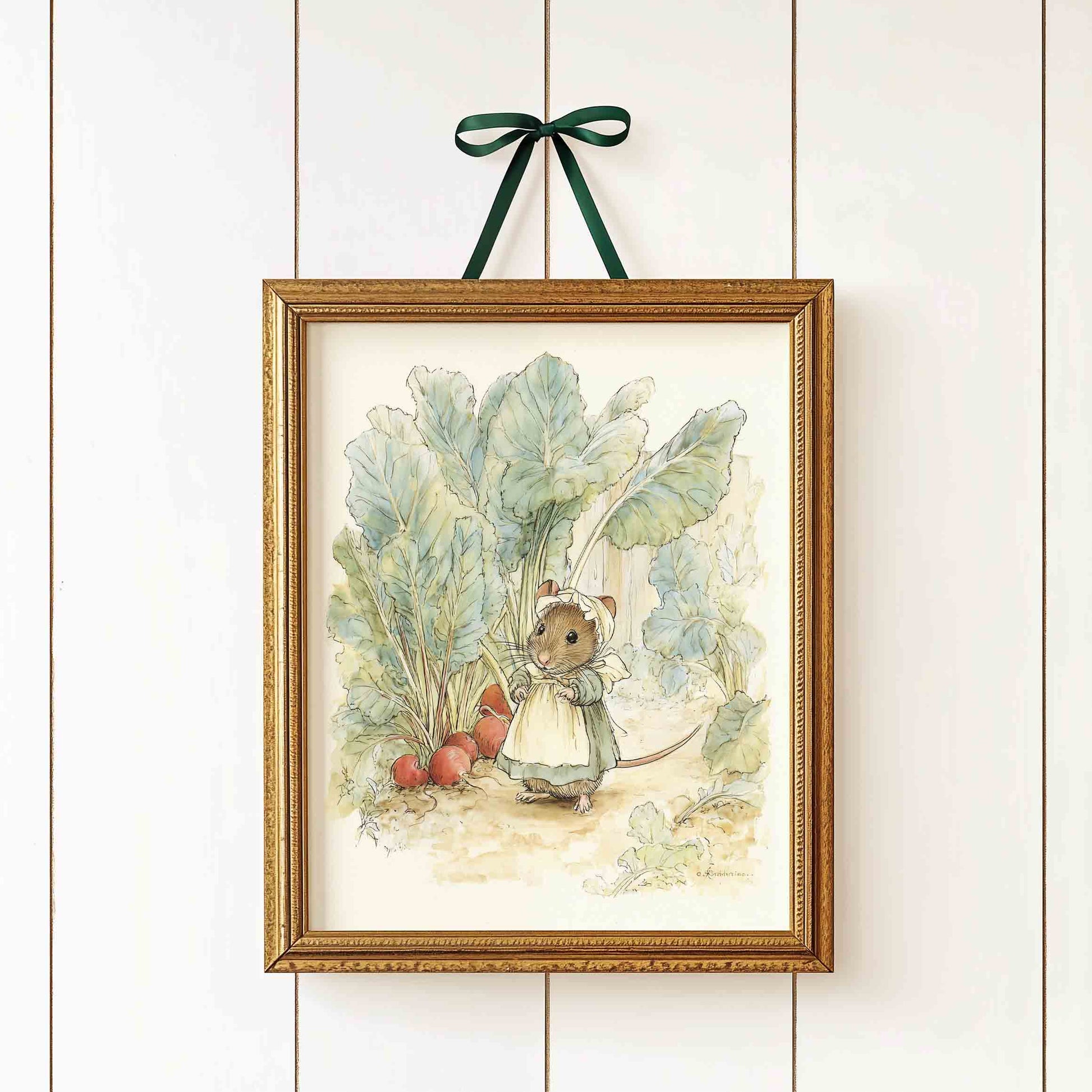 Vintage watercolor mouse in garden print for a whimsical storybook nursery room