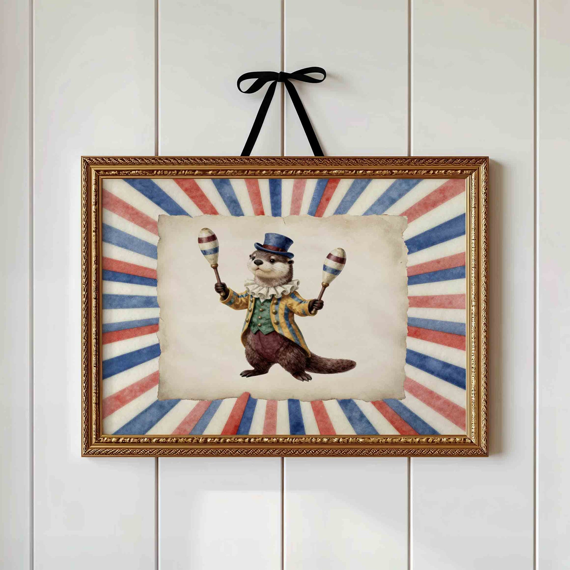 Watercolor otter with maracas print on stripes styled for a circus nursery room