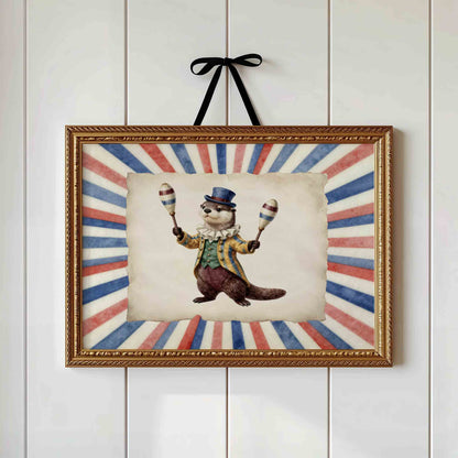 Watercolor otter with maracas print on stripes styled for a circus nursery room