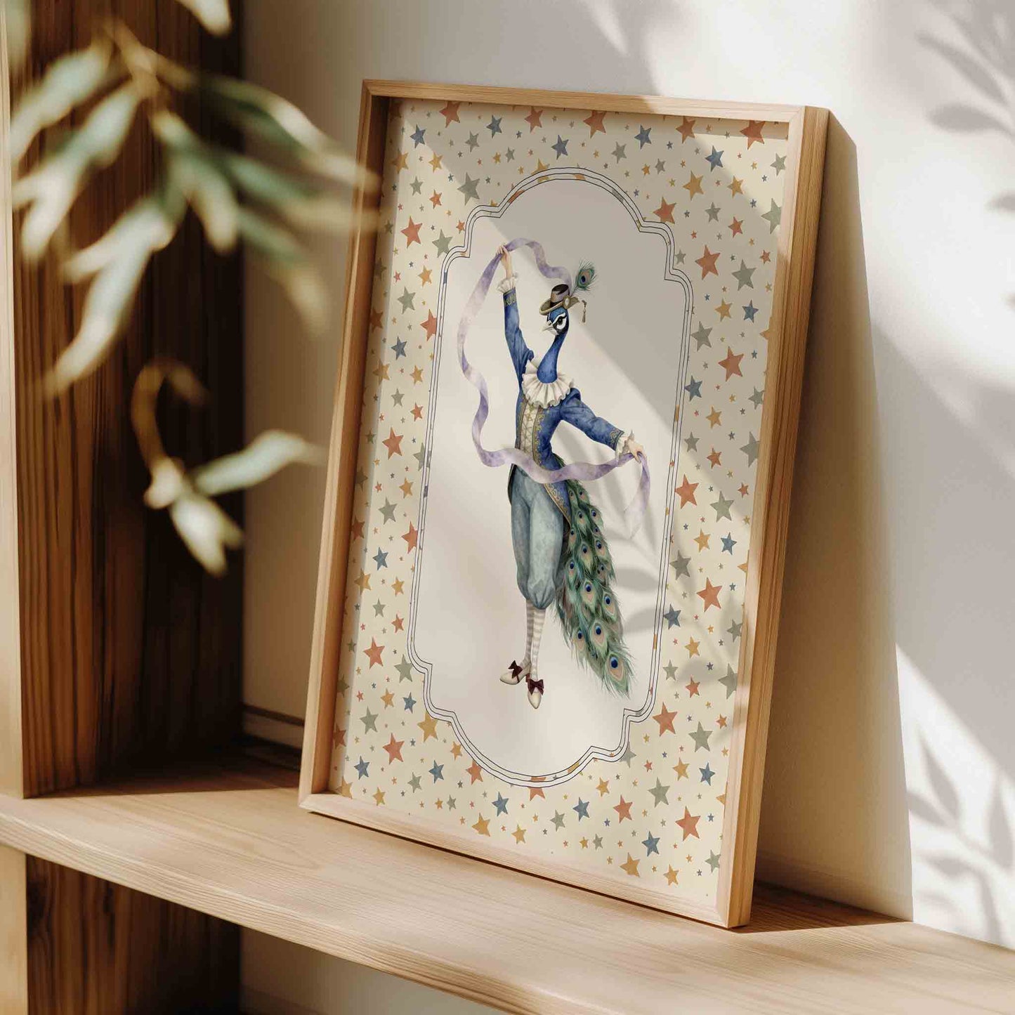 Watercolor peacock dancer print on starry background for a vintage circus nursery