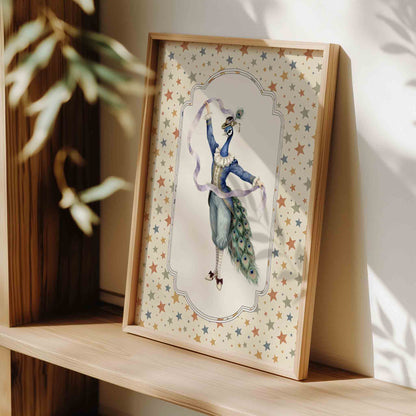 Watercolor peacock dancer print on starry background for a vintage circus nursery