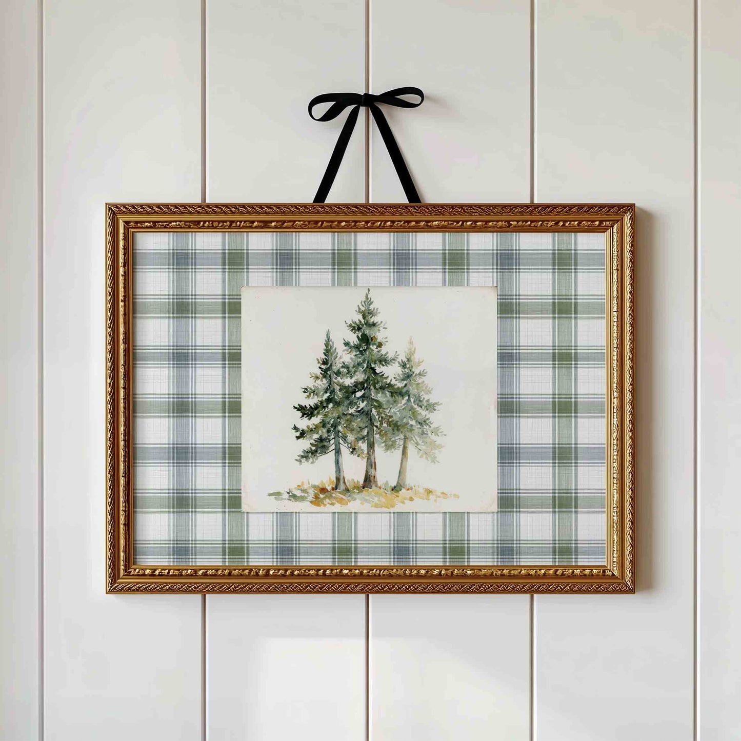 Watercolor pine trees on sage plaid styled for a forest nursery room