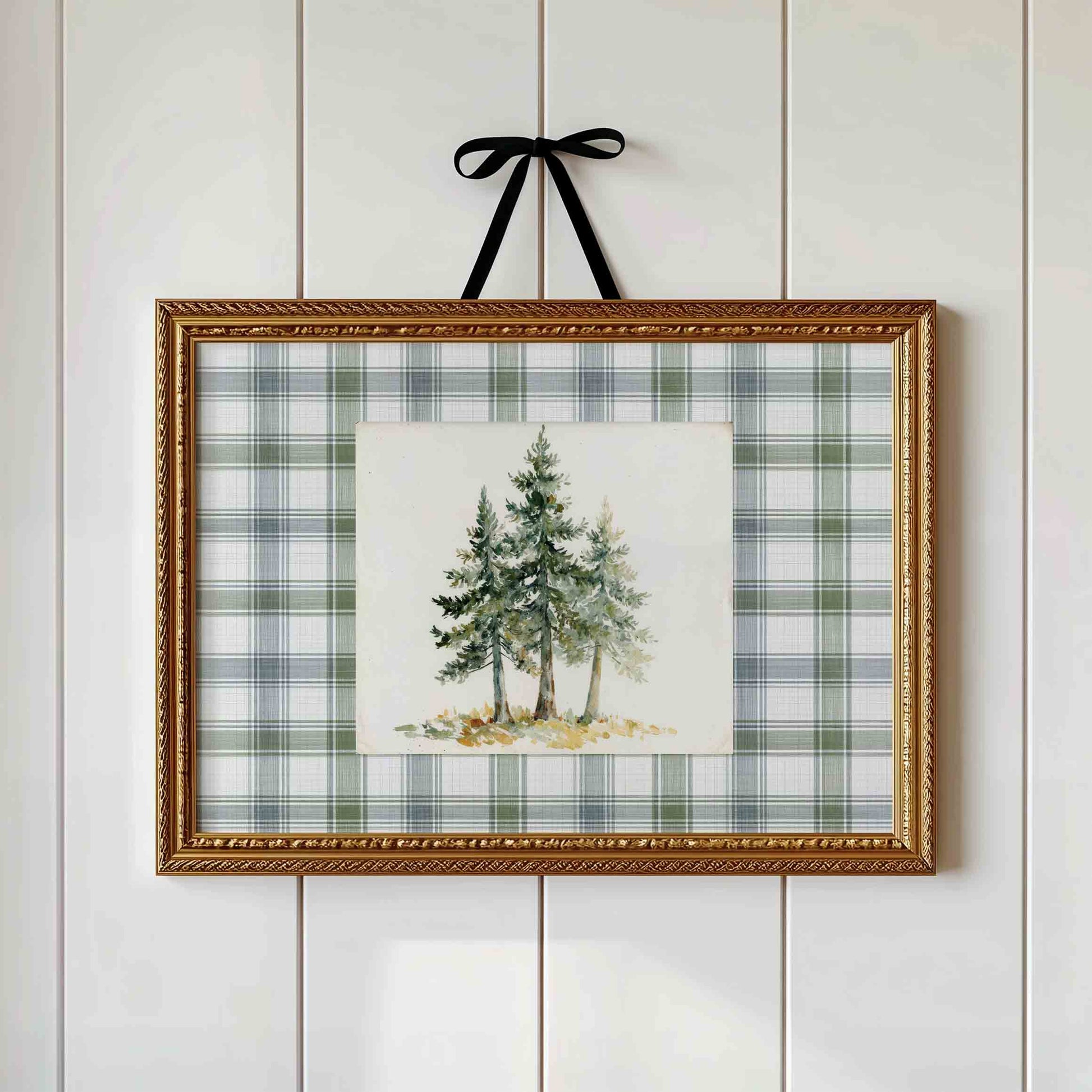 Watercolor pine trees on sage plaid styled for a forest nursery room