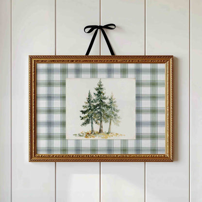 Watercolor pine trees on sage plaid styled for a forest nursery room