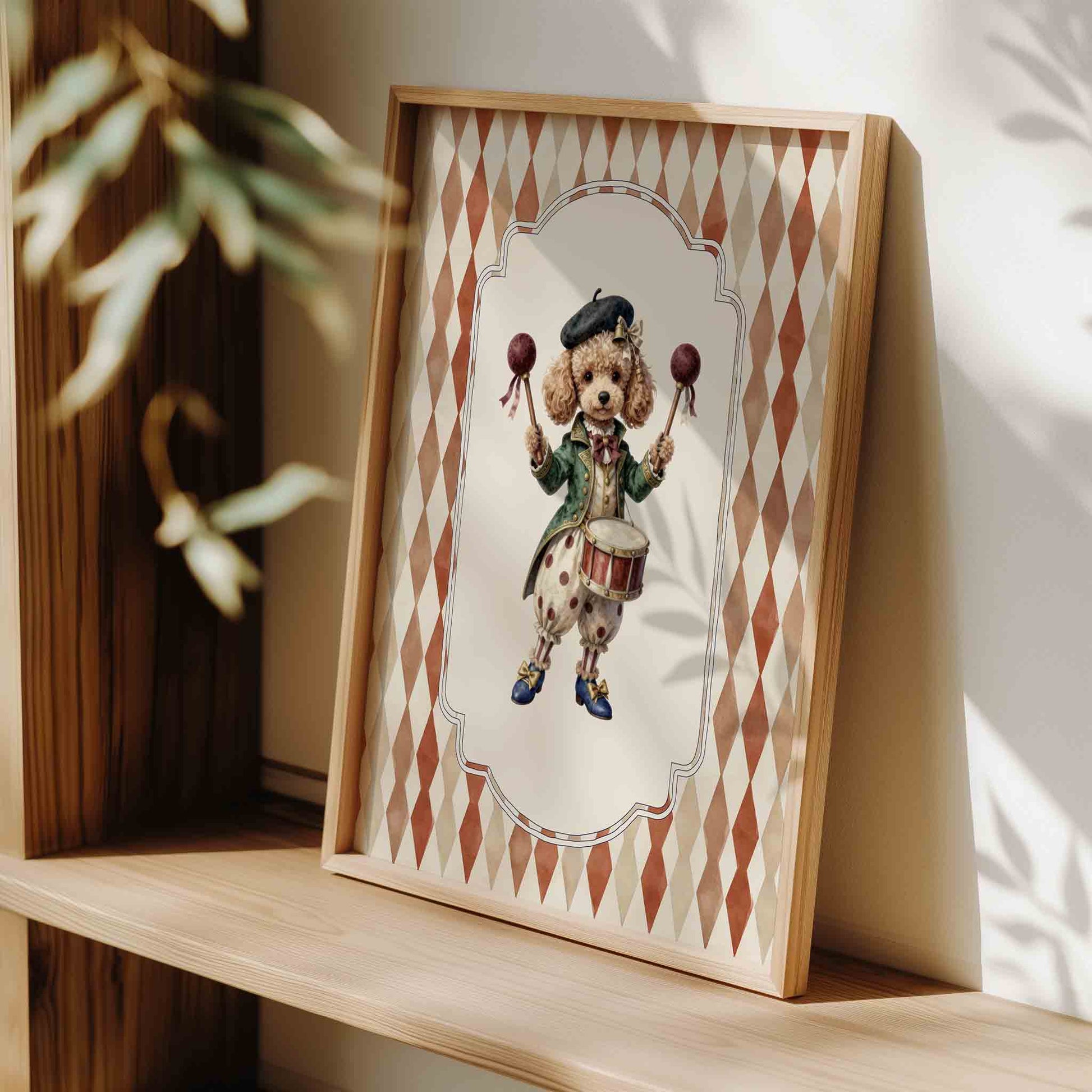 Watercolor poodle drummer print styled for a vintage circus nursery room
