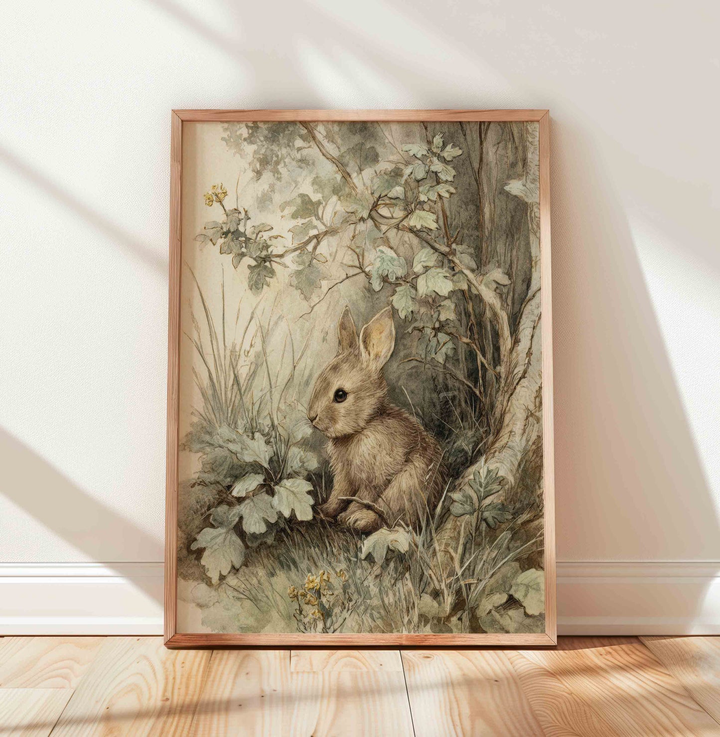 Watercolor rabbit in forest print styled for a vintage woodland nursery room