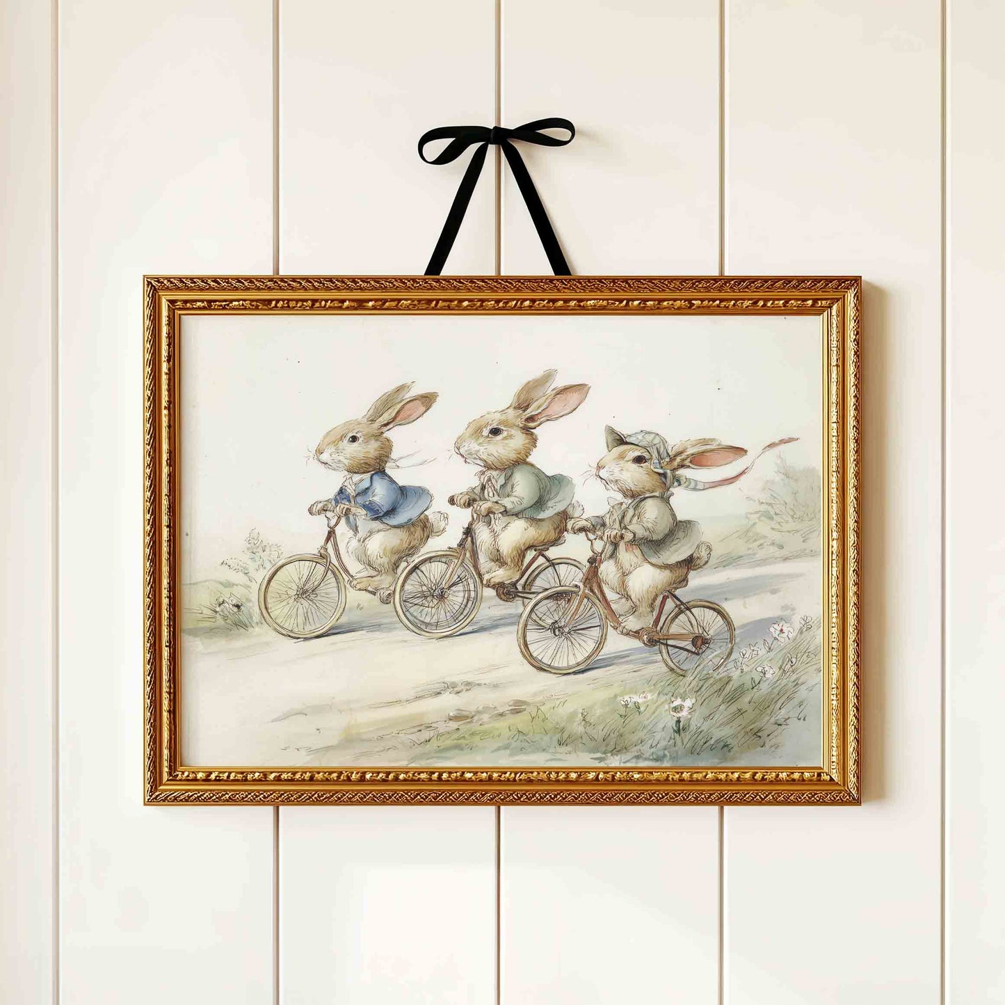 Vintage watercolor rabbits riding bicycles print for a storybook nursery gallery wall