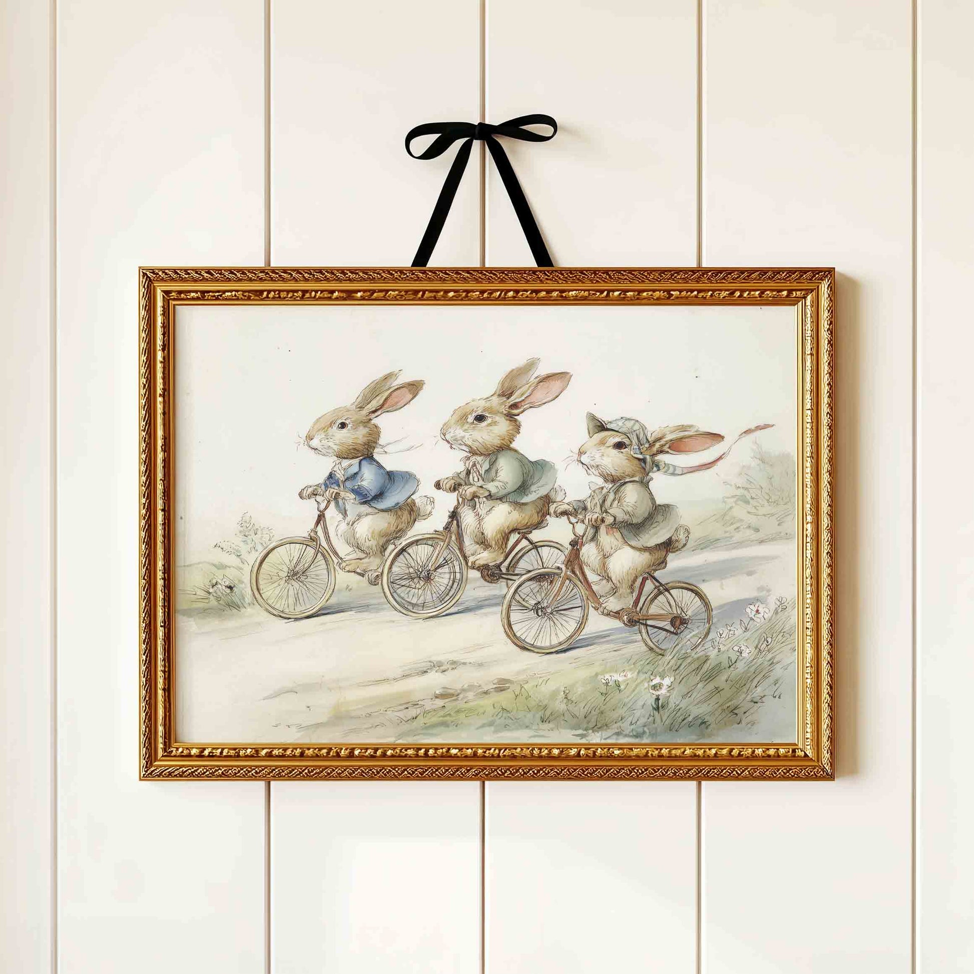 Vintage watercolor rabbits riding bicycles print for a storybook nursery gallery wall