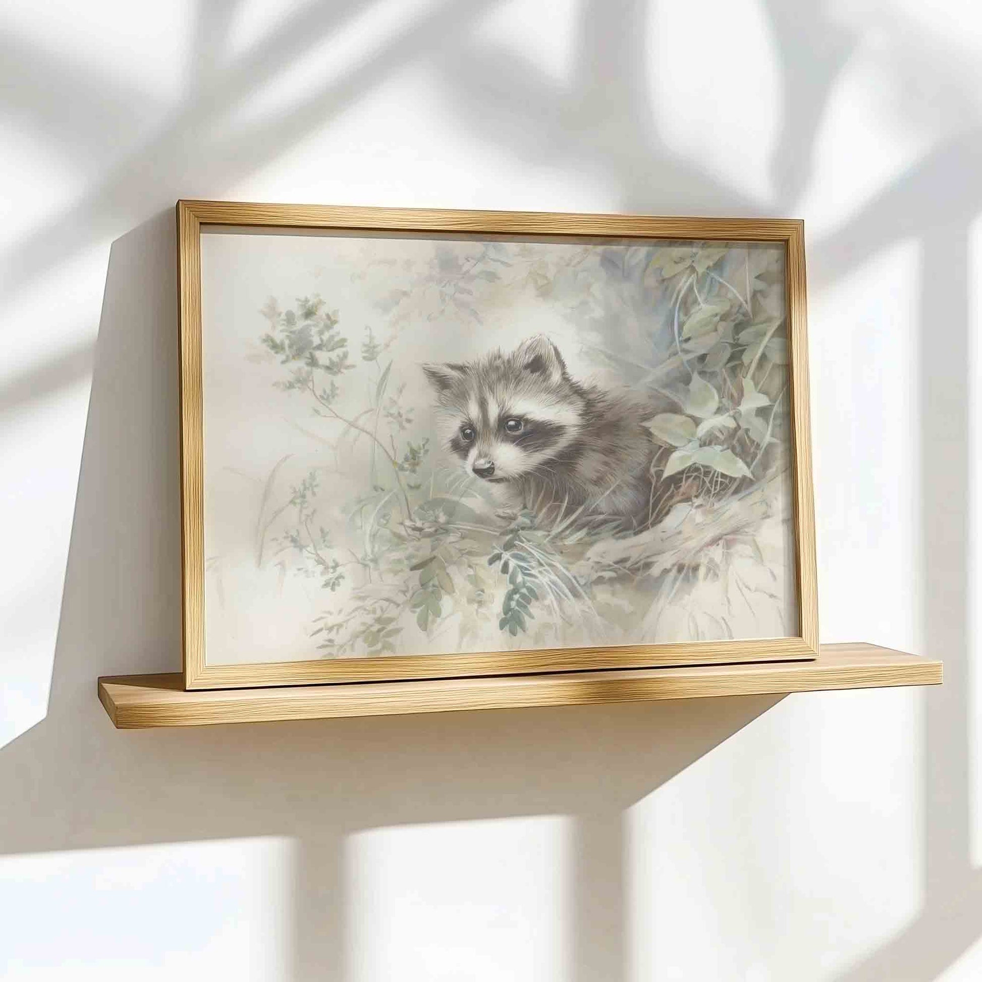 Watercolor raccoon print styled on a shelf for a woodland nursery room