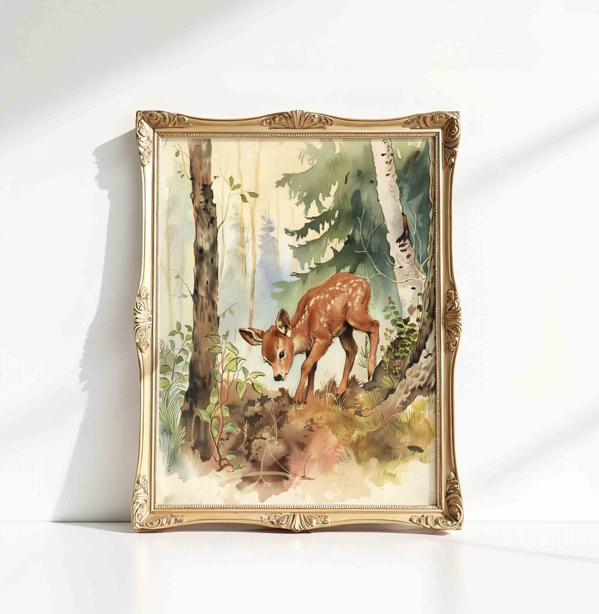 Watercolor rustic forest illustration print for a storybook woodland nursery