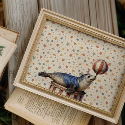Watercolor seal with ball print styled on a book for a vintage circus nursery room