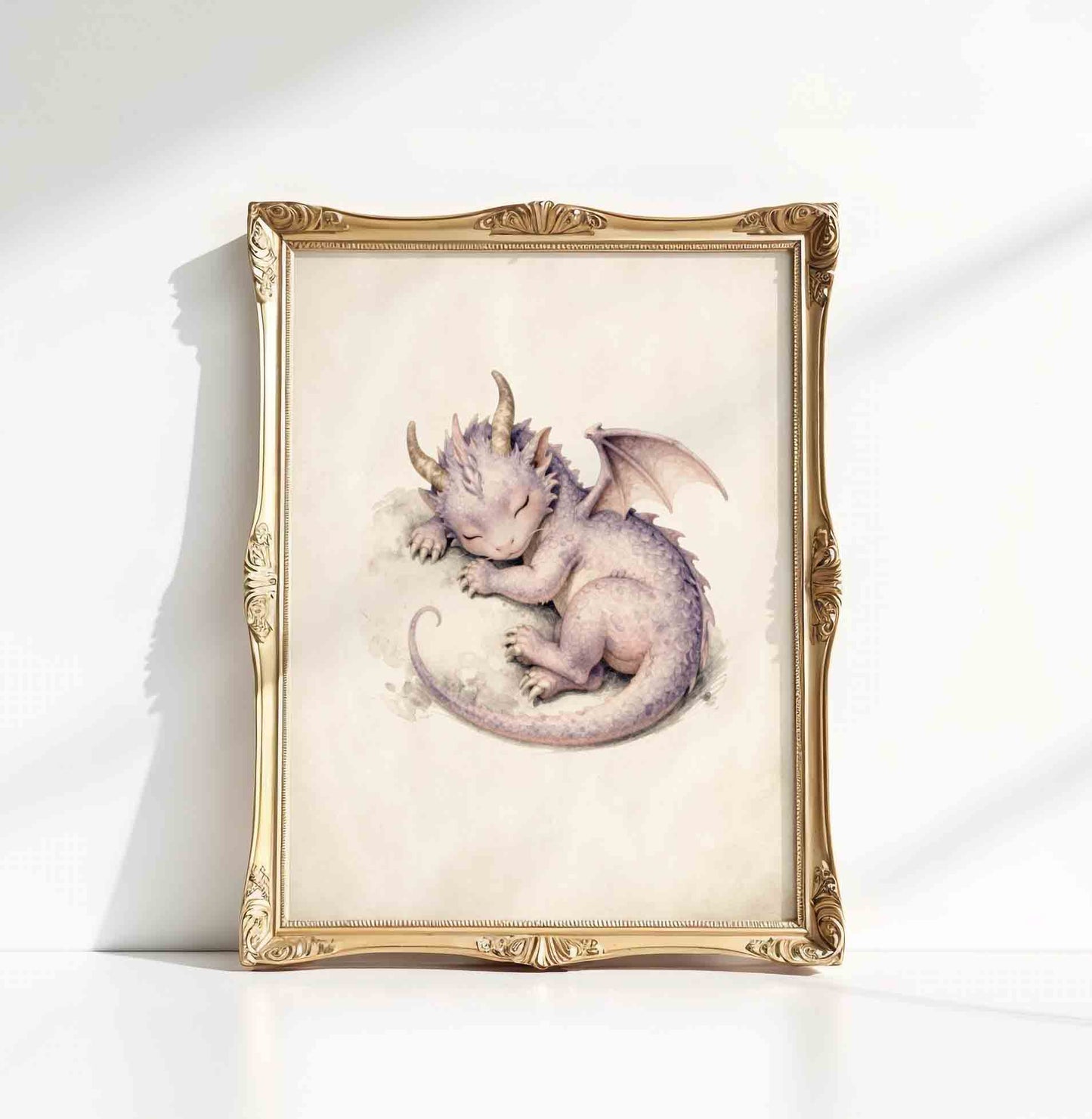 Watercolor sleeping dragon print styled for a vintage fairytale nursery room