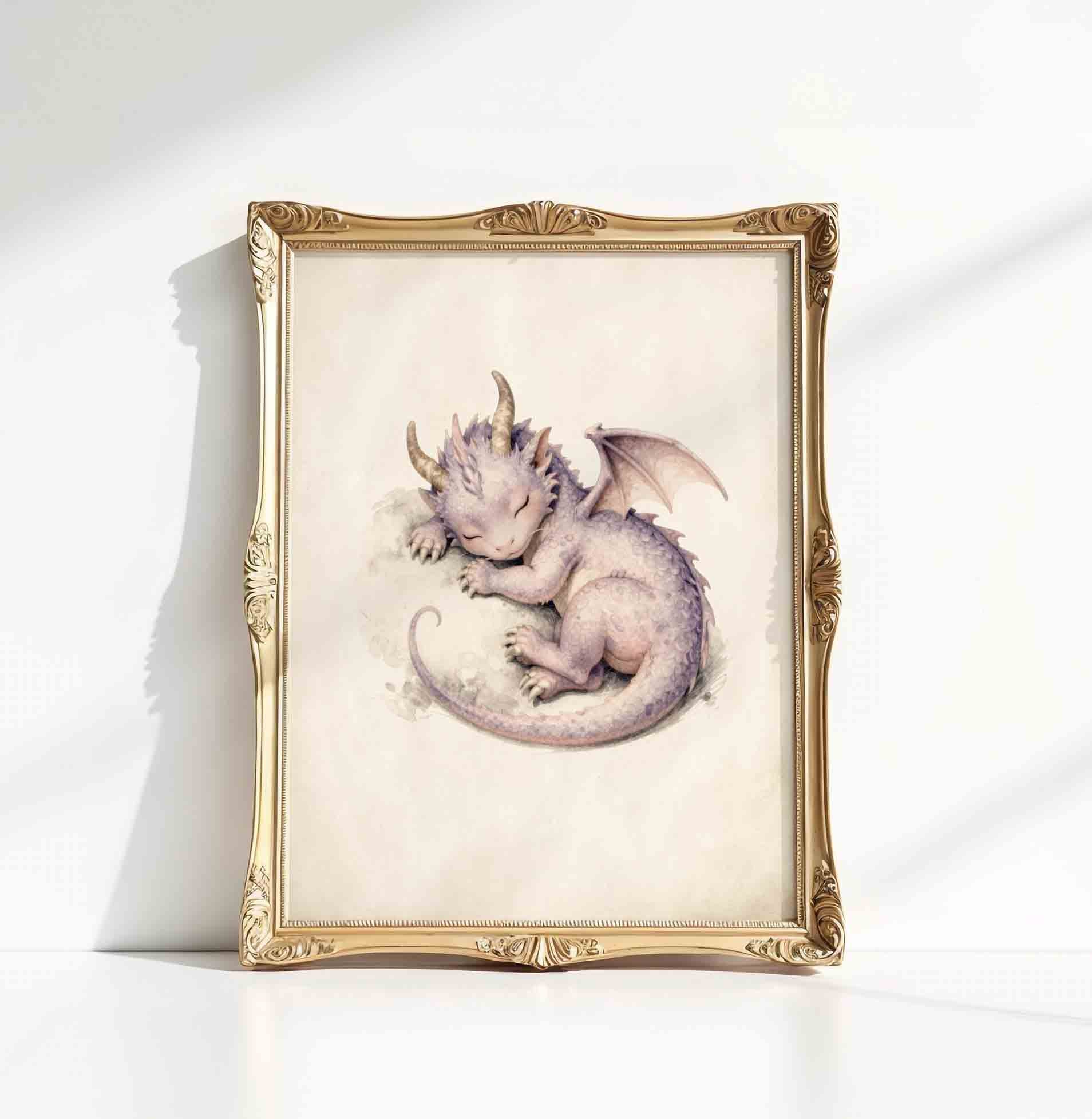 Watercolor sleeping dragon print styled for a vintage fairytale nursery room