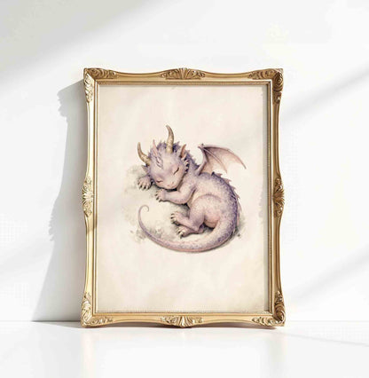 Watercolor sleeping dragon print styled for a vintage fairytale nursery room