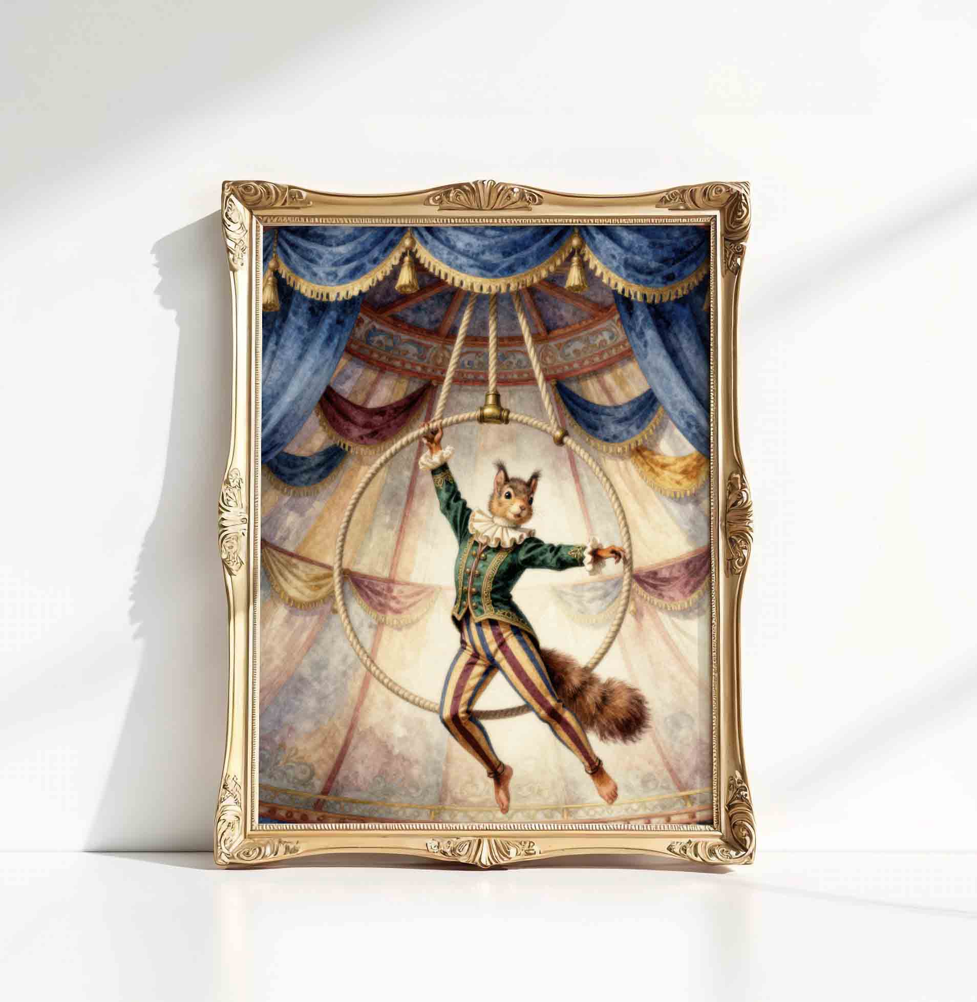 Watercolor squirrel on a ring print styled for a vintage circus nursery room