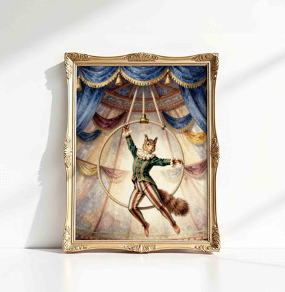 Watercolor squirrel on a ring print styled for a vintage circus nursery room