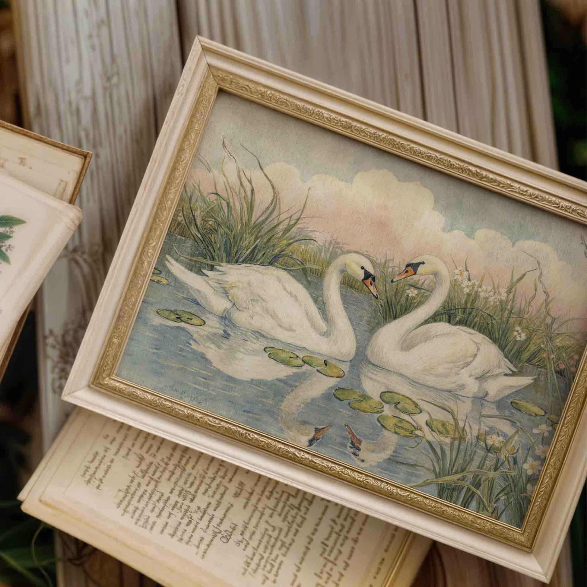 Watercolor swans on a pond print for a vintage fairytale princess nursery room