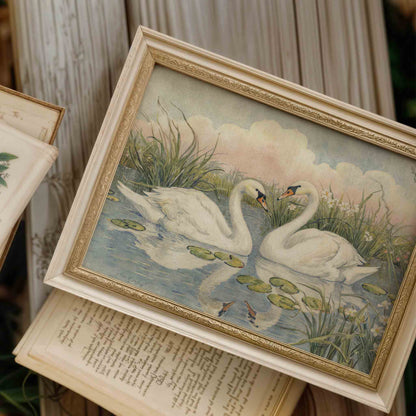 Watercolor swans on a pond print for a vintage fairytale princess nursery room