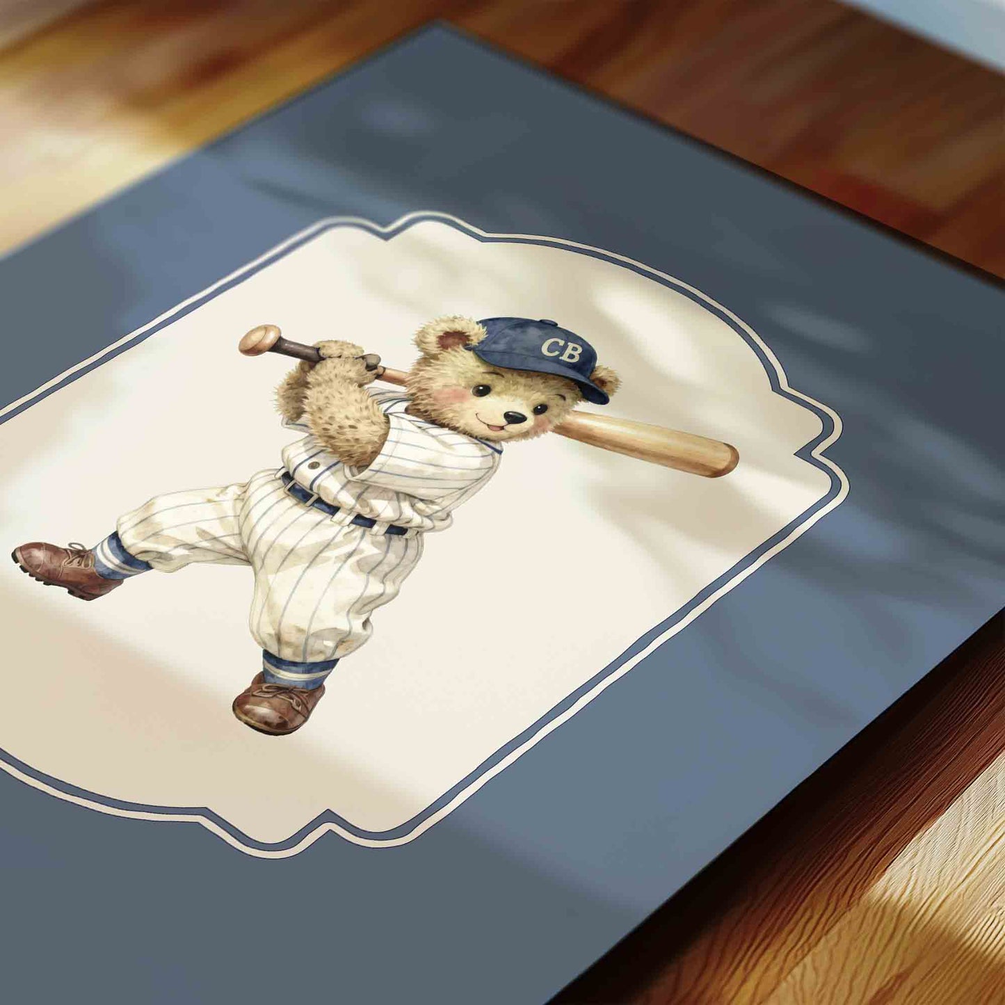 Watercolor teddy bear batter print styled for a vintage boys nursery room