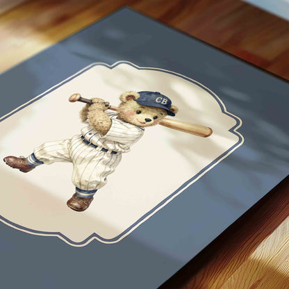 Watercolor teddy bear batter print styled for a vintage boys nursery room
