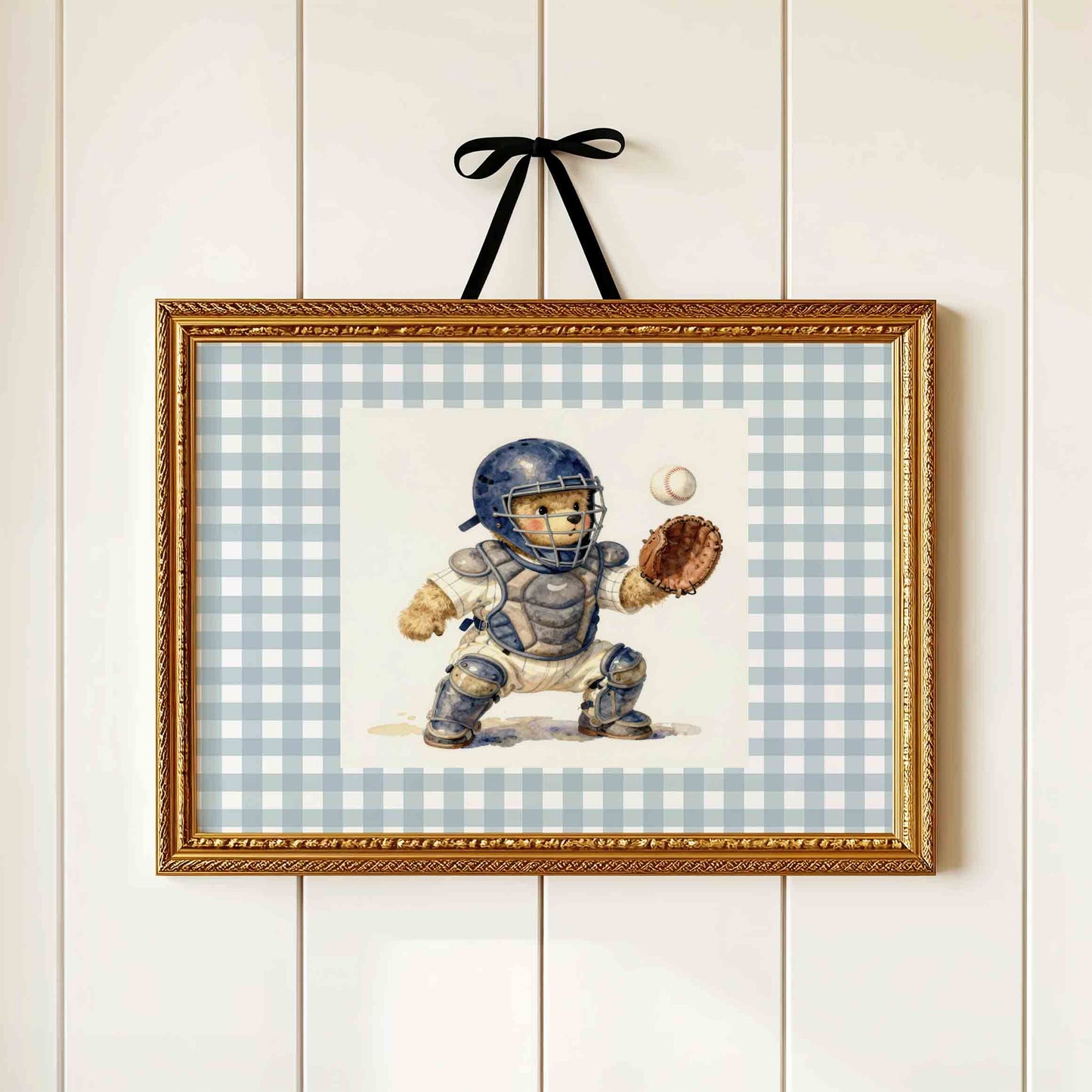 Watercolor teddy bear catcher print styled on gingham for a boys nursery room