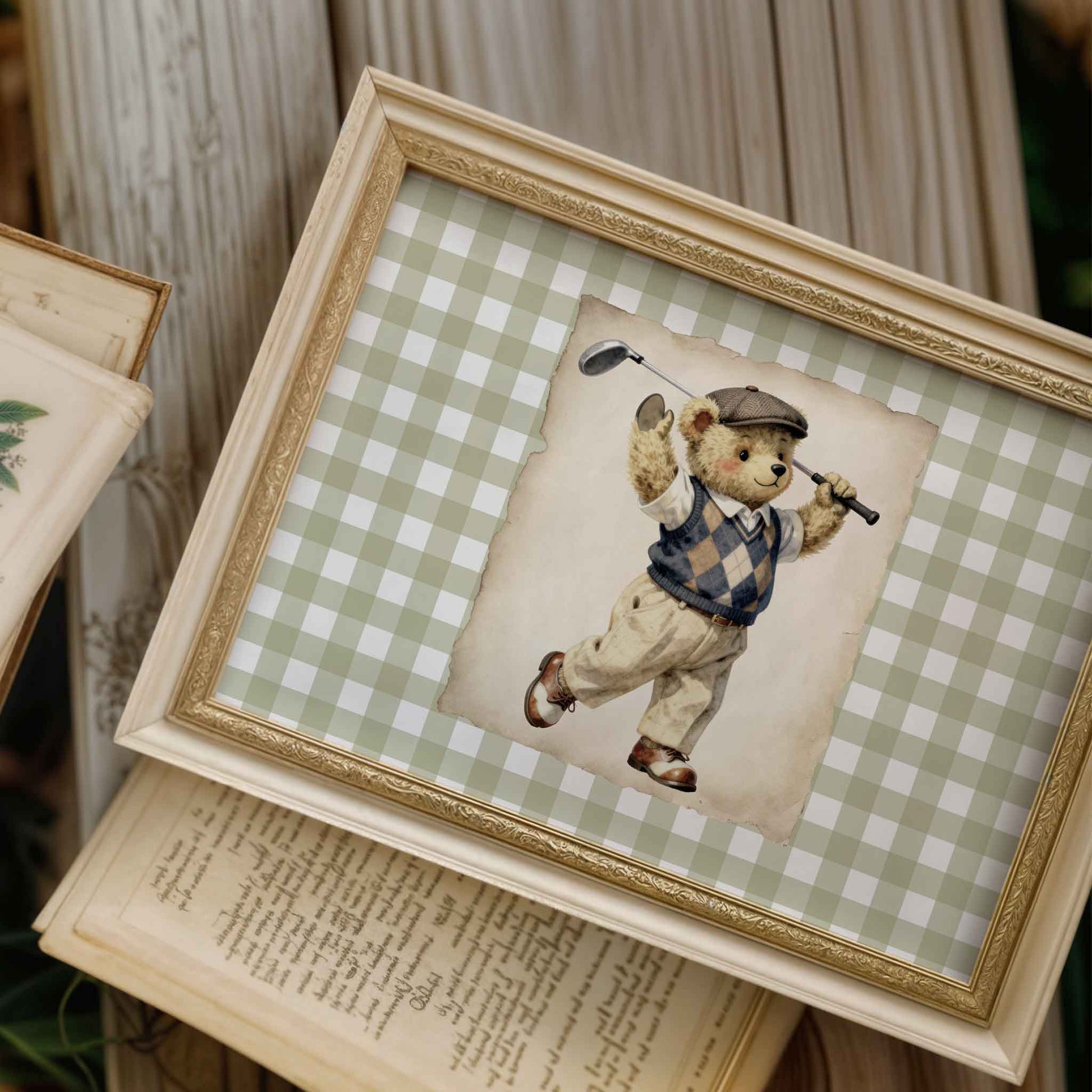 Watercolor teddy bear golfer swinging on gingham background styled for a boys nursery