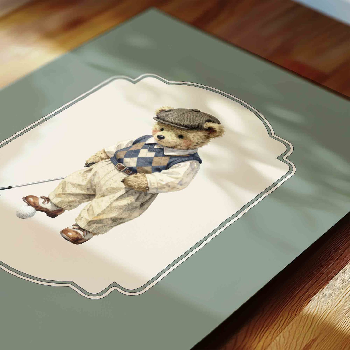 Watercolor teddy bear golfer print on sage green background for a preppy boys nursery