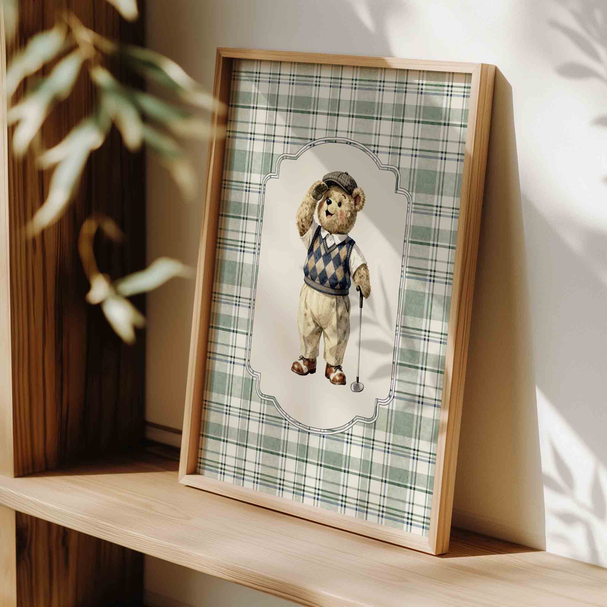 Watercolor teddy bear golfer standing print on sage green plaid for a country club nursery
