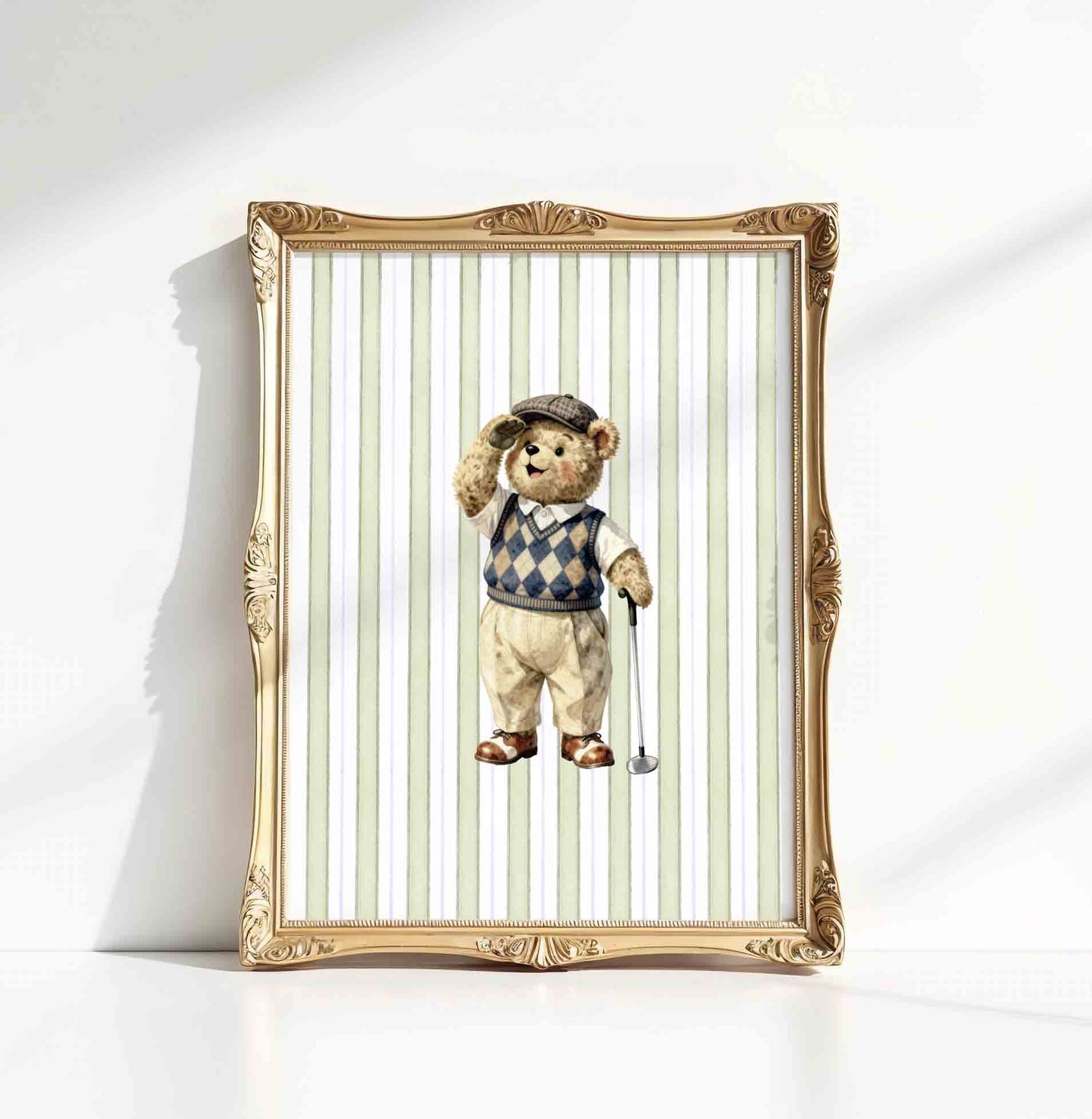 Watercolor teddy bear golfer standing print on stripe background for a boys nursery