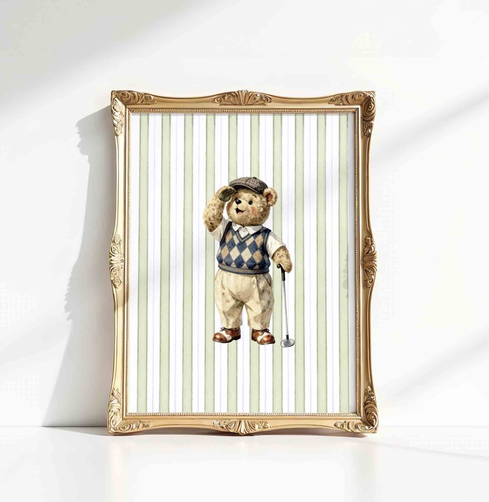 Watercolor teddy bear golfer standing print on stripe background for a boys nursery