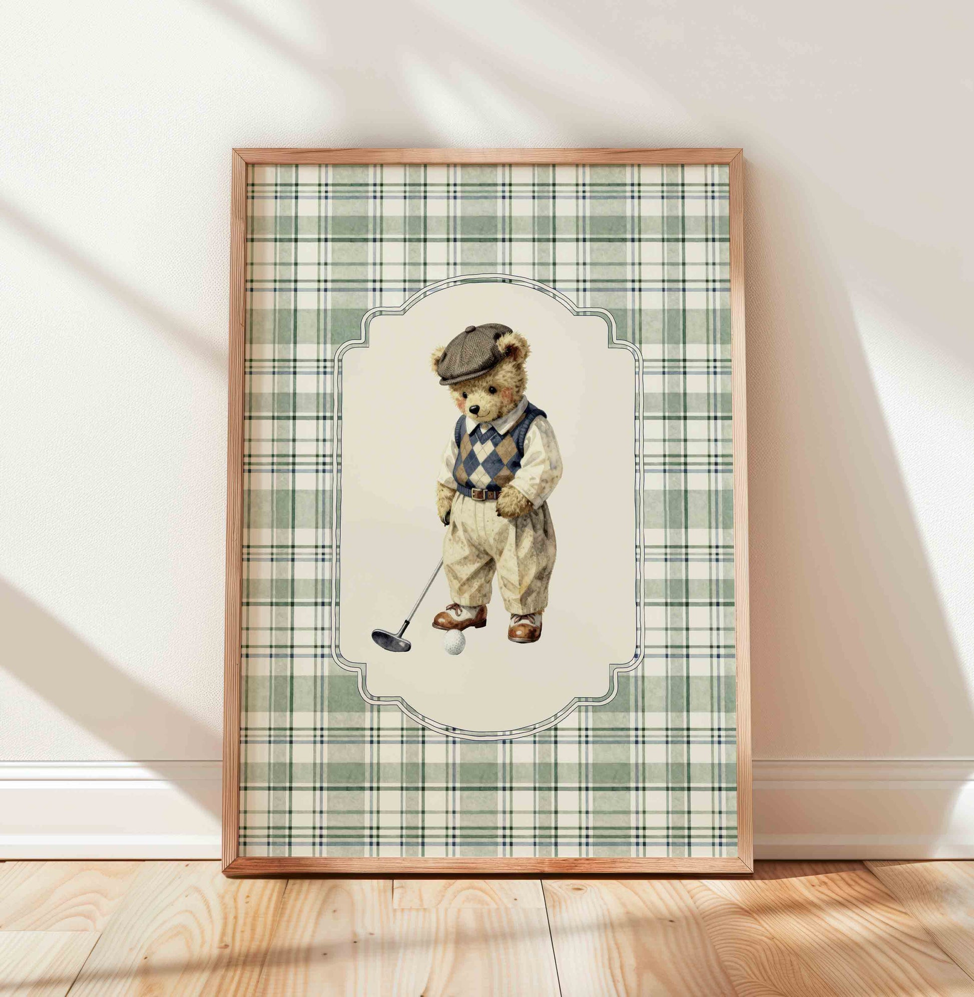 Watercolor teddy bear golfer swinging print on sage green plaid for a boys nursery room