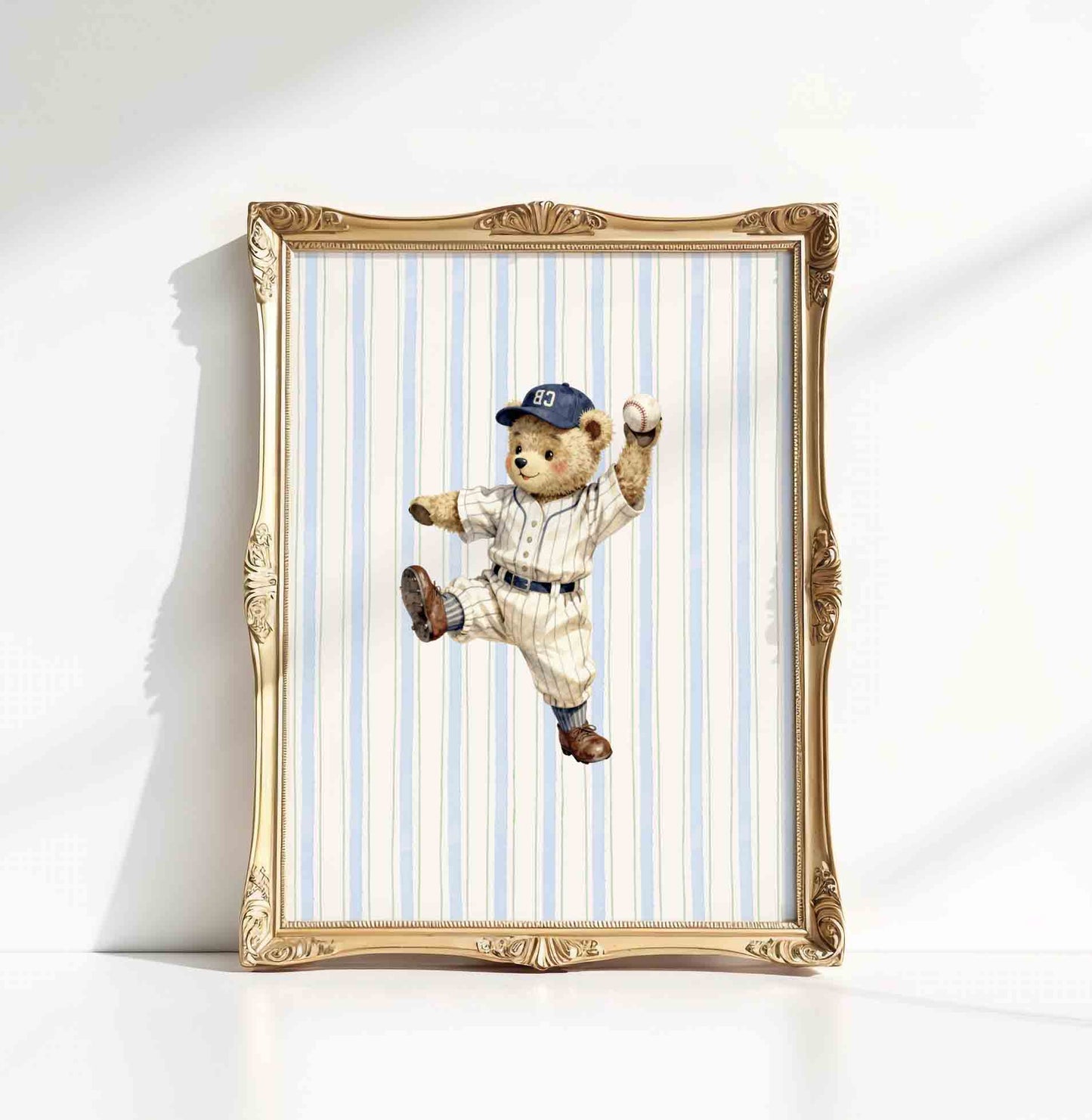 Watercolor teddy bear pitcher print styled for a vintage boys nursery room