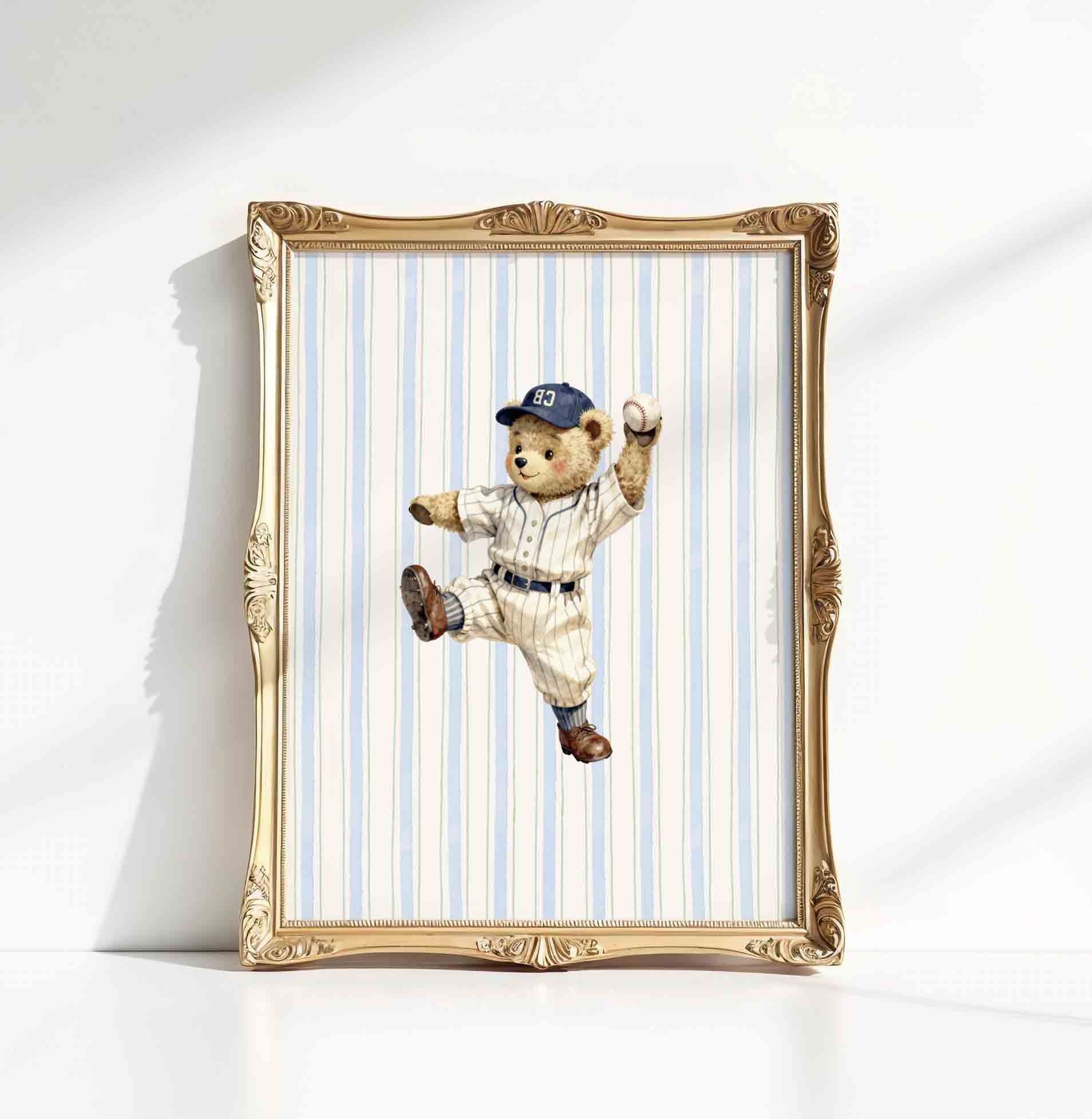 Watercolor teddy bear pitcher print styled for a vintage boys nursery room